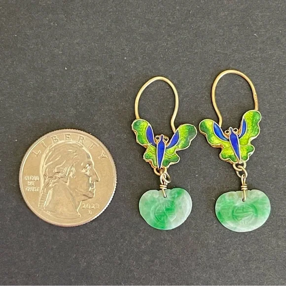 Antique Chinese export gilt silver carved jade & enamel butterfly earrings.